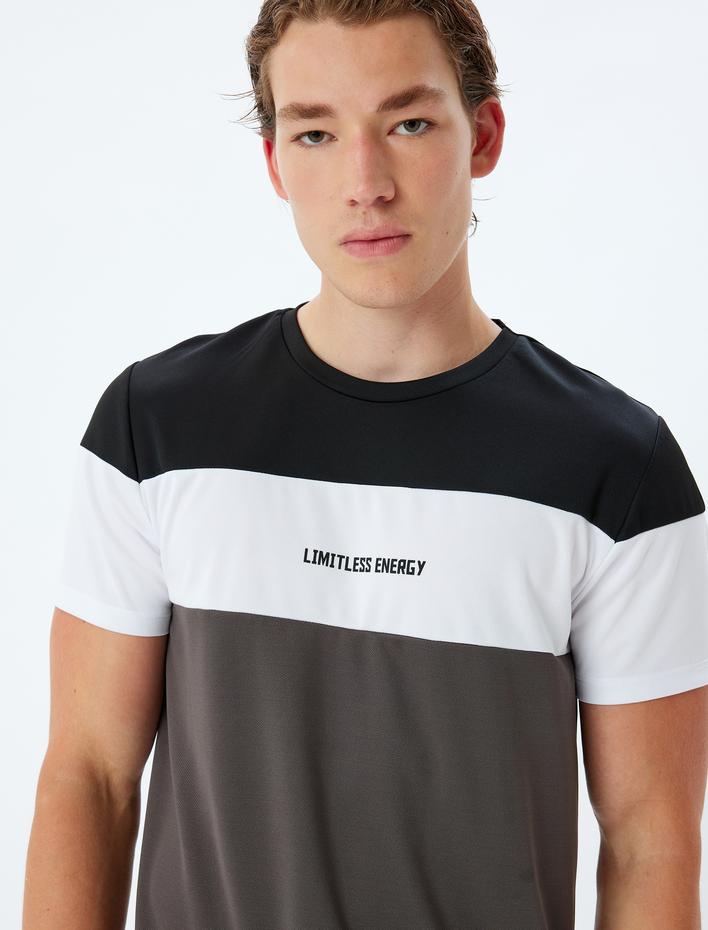  Spor Tişört Slogan Baskılı Bisiklet Yaka Renk Bloklu Kısa Kollu