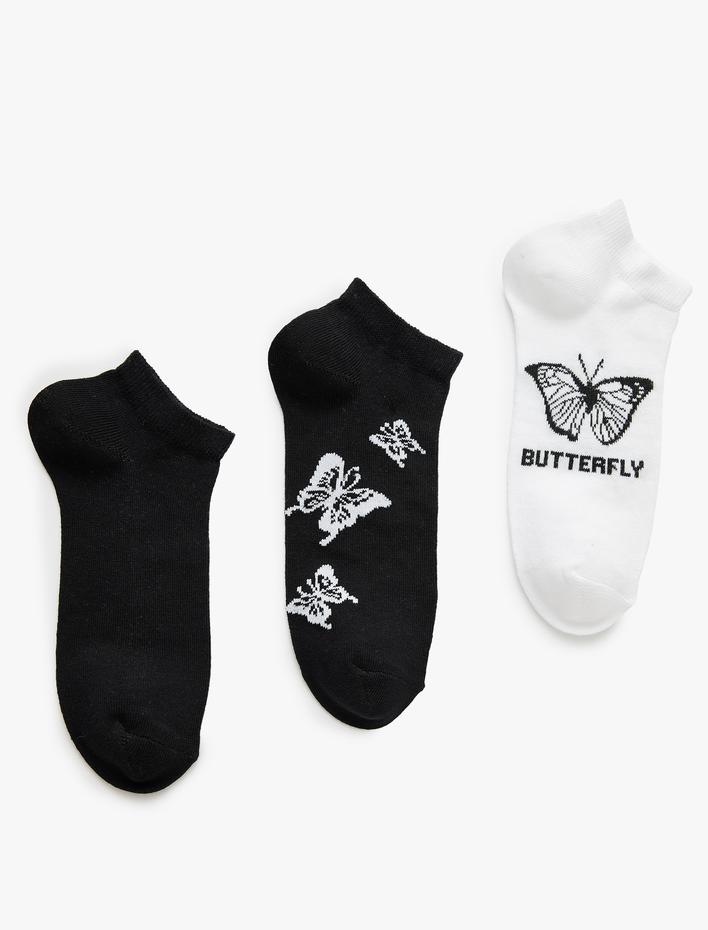 Kadın 3'lü Patik Çorap Seti Kelebek Desenli Çok Renkli