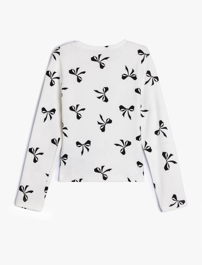 Kız Çocuk Fiyonk Baskılı Tişört Uzun Kollu Bisiklet Yaka Pamuklu