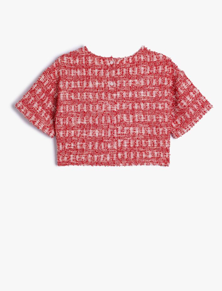 Kız Çocuk Crop Tüvit Bluz Kısa Kollu Yuvarlak Yaka Cepli Düğmeli