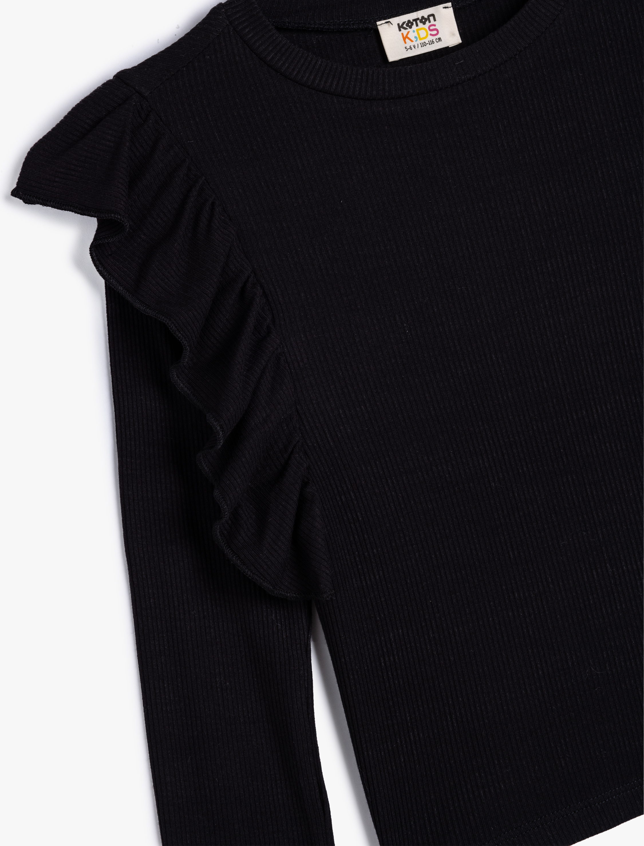  Kız Çocuk Uzun Kollu Bisiklet Yaka Fırfır Detaylı Viskon Tişört