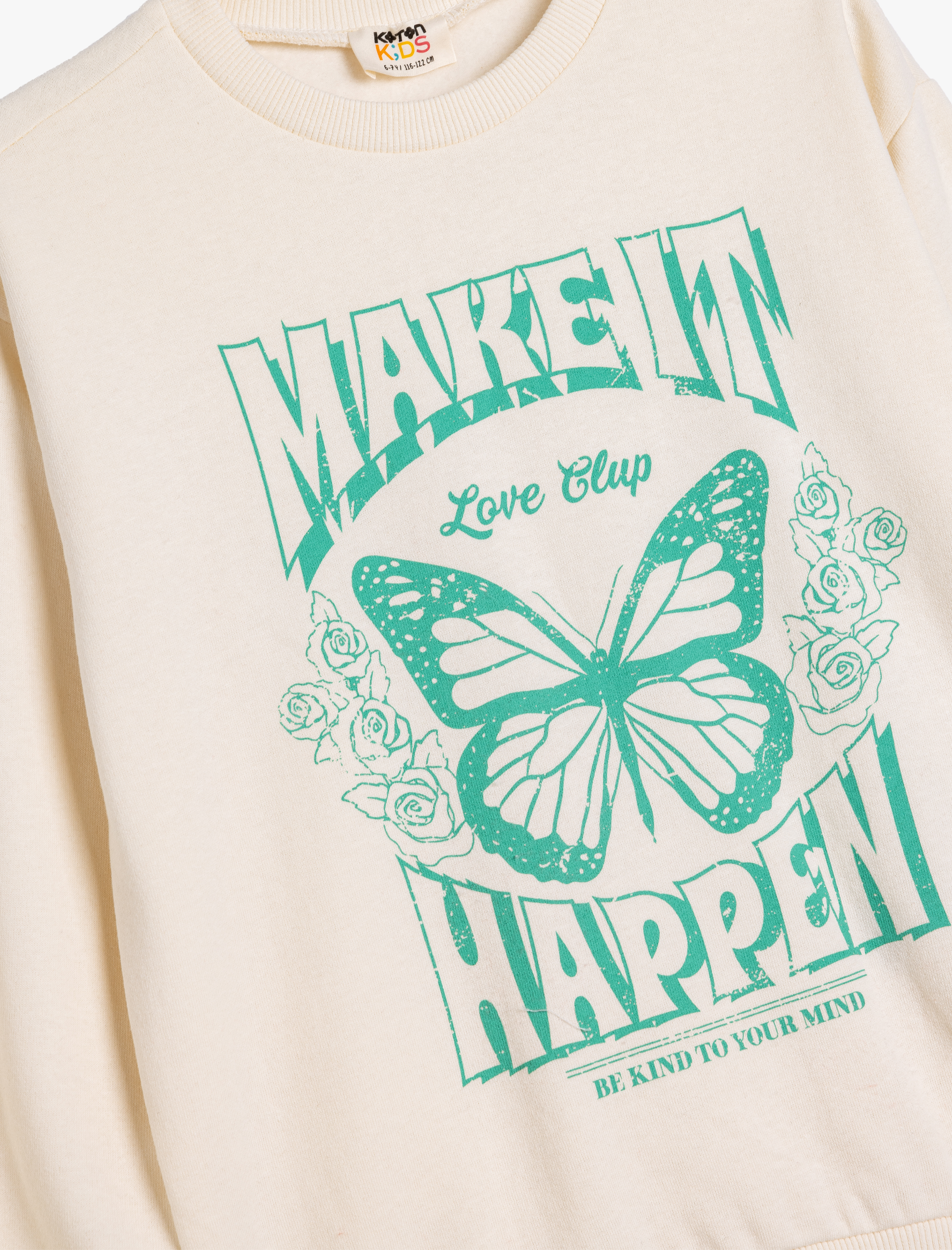  Kız Çocuk Kelebekli Sweatshirt Bisiklet Yaka Uzun Kollu Pamuklu Şardonlu