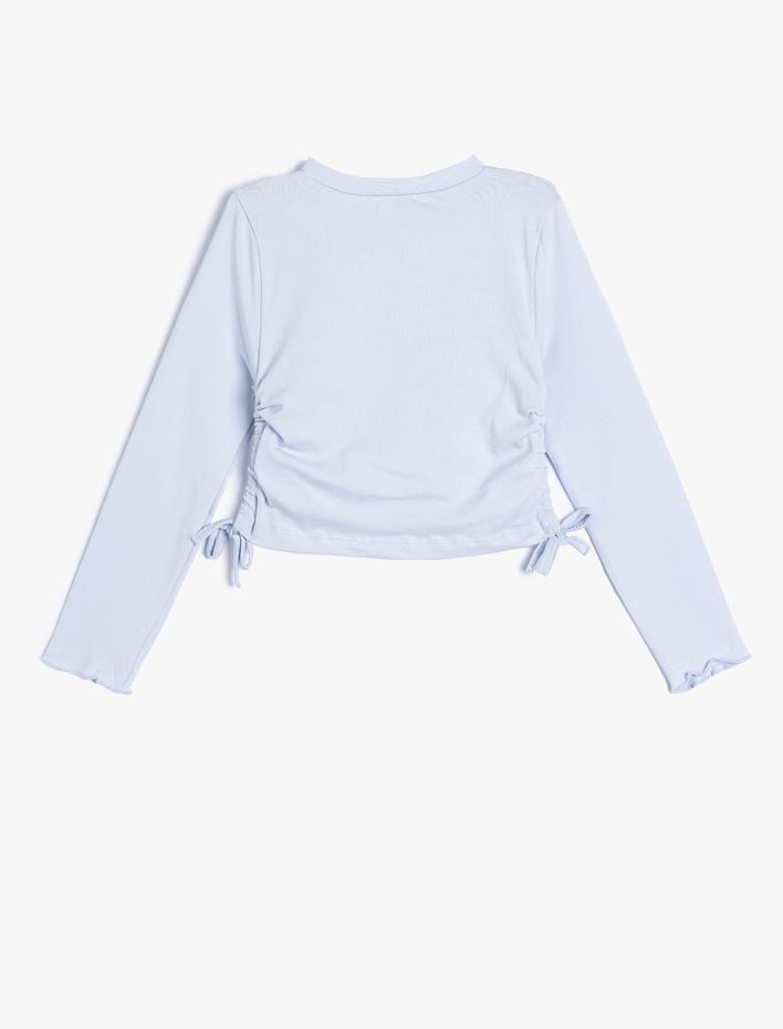 Kız Çocuk Kedi Baskılı Tişört Yanları Büzgülü Bağlamalı Uzun Kollu Bisiklet Yaka Pamuklu