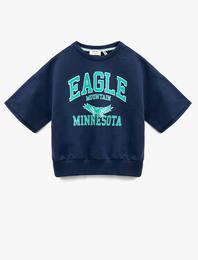 Baskılı Kısa Kollu Sweatshirt Pamuklu Bisiklet Yaka