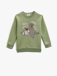 Köpek Baskılı Uzun Kollu Sweatshirt Bisiklet Yaka