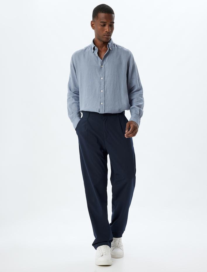  Keten Gömlek Uzun Kollu Düğmeli Yaka Detaylı Regular Fit