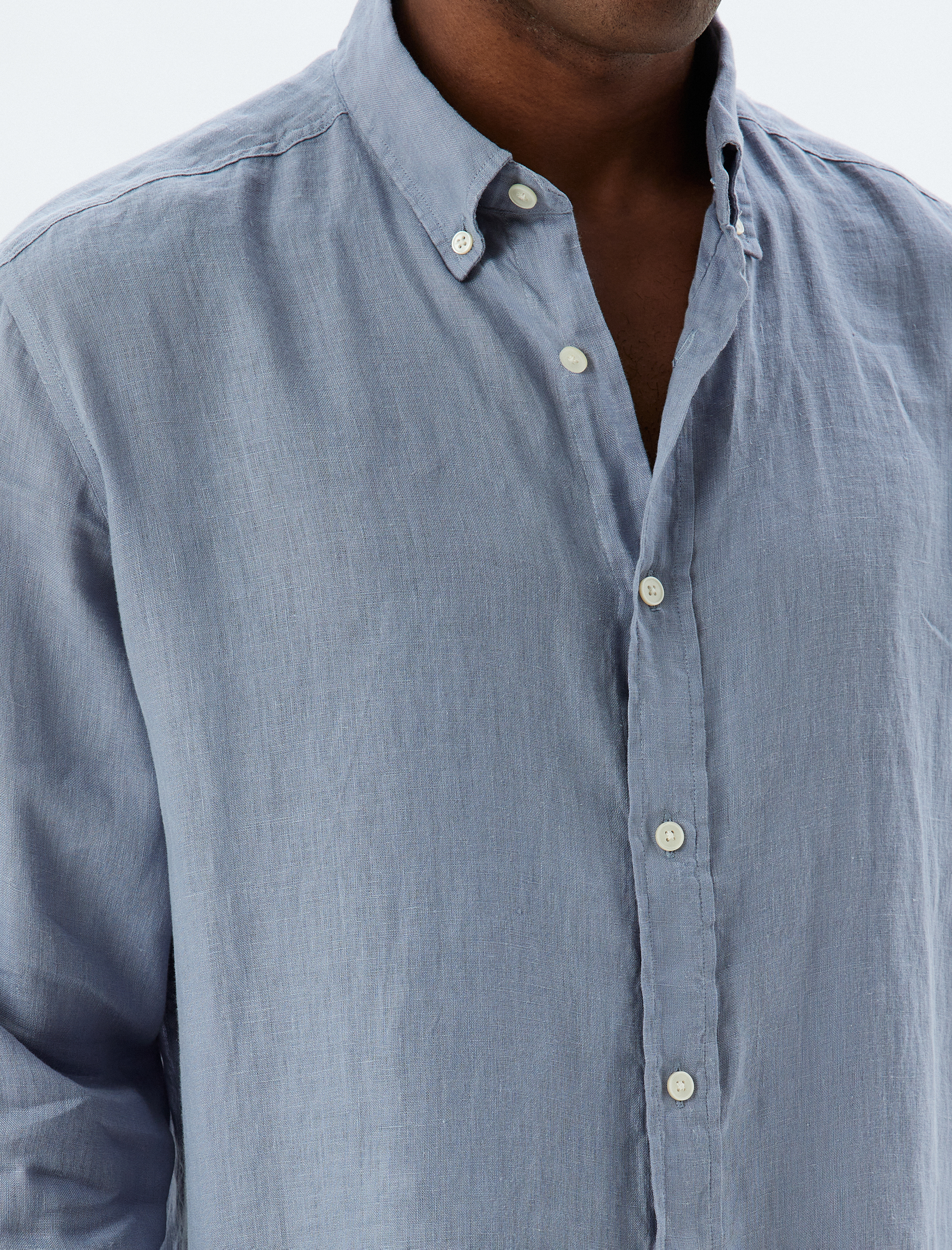   Keten Gömlek Uzun Kollu Düğmeli Yaka Detaylı Regular Fit