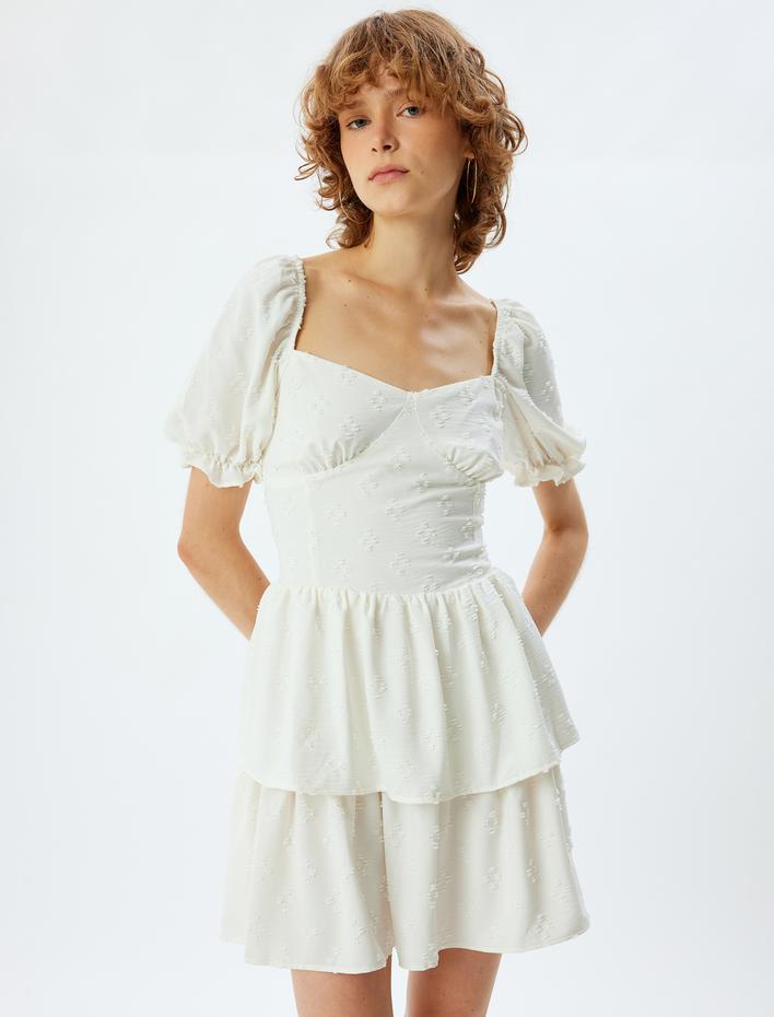  Balon Kol Elbise Mini Katlı Dokulu Volanlı