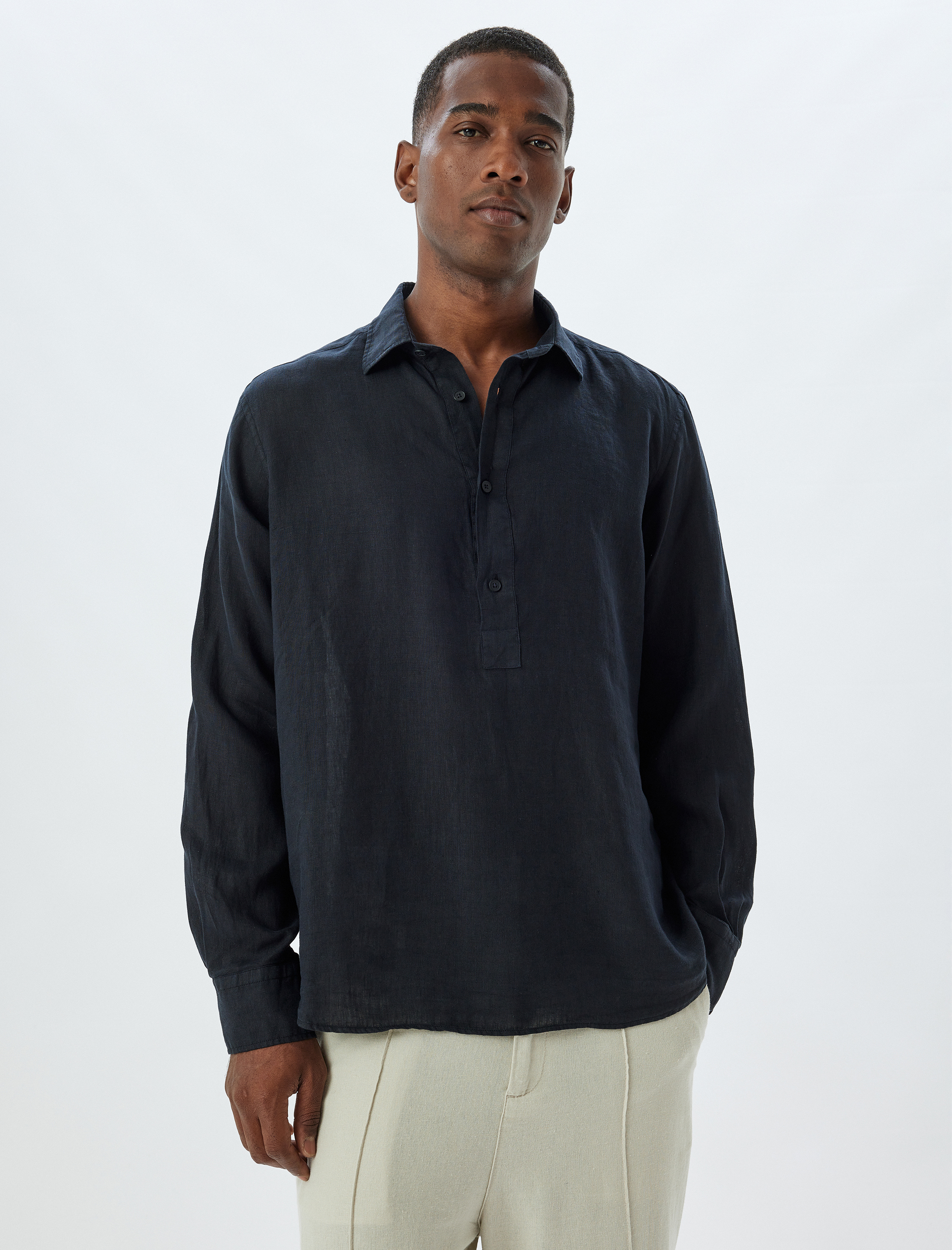   Keten Gömlek Uzun Kollu Düğme Detaylı Gömlek Yaka Regular Fit