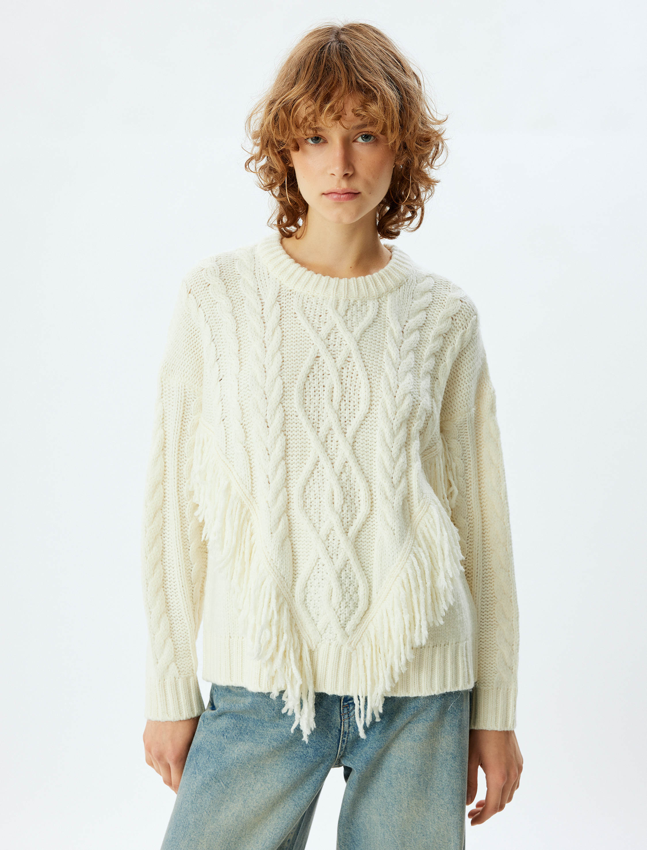   Bisiklet Yaka Kazak Triko Püskül Detaylı Örgü Dokulu Uzun Kollu