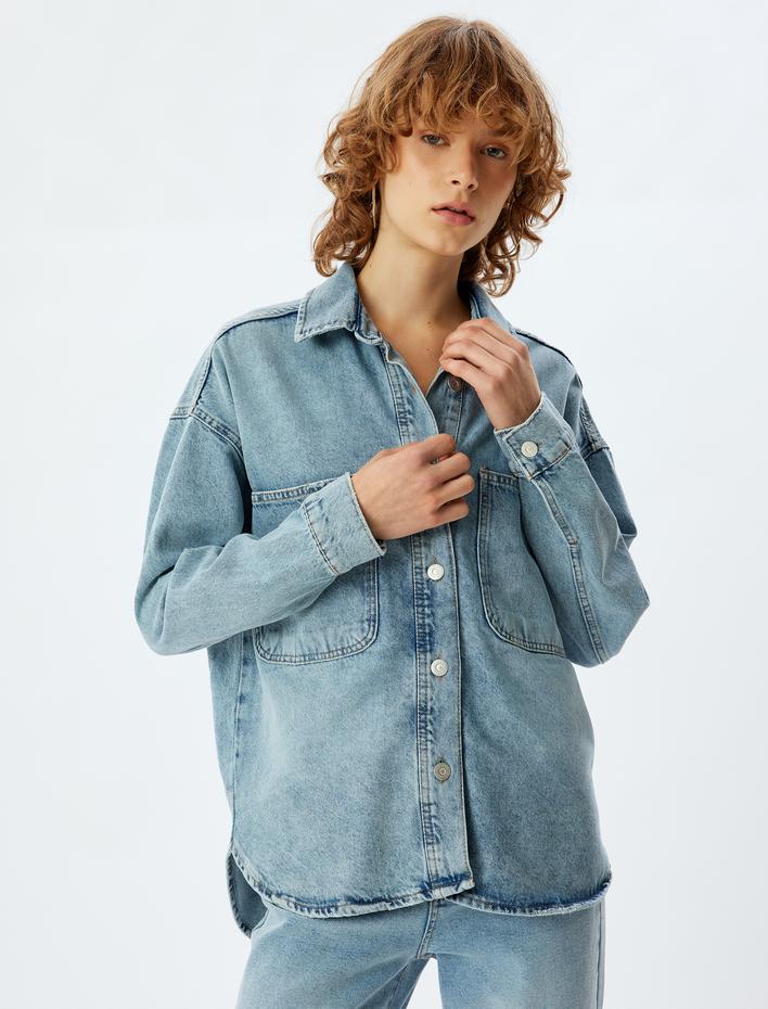  Kot Gömlek Ceket Klasik Yaka Düğmeli Cep Detaylı