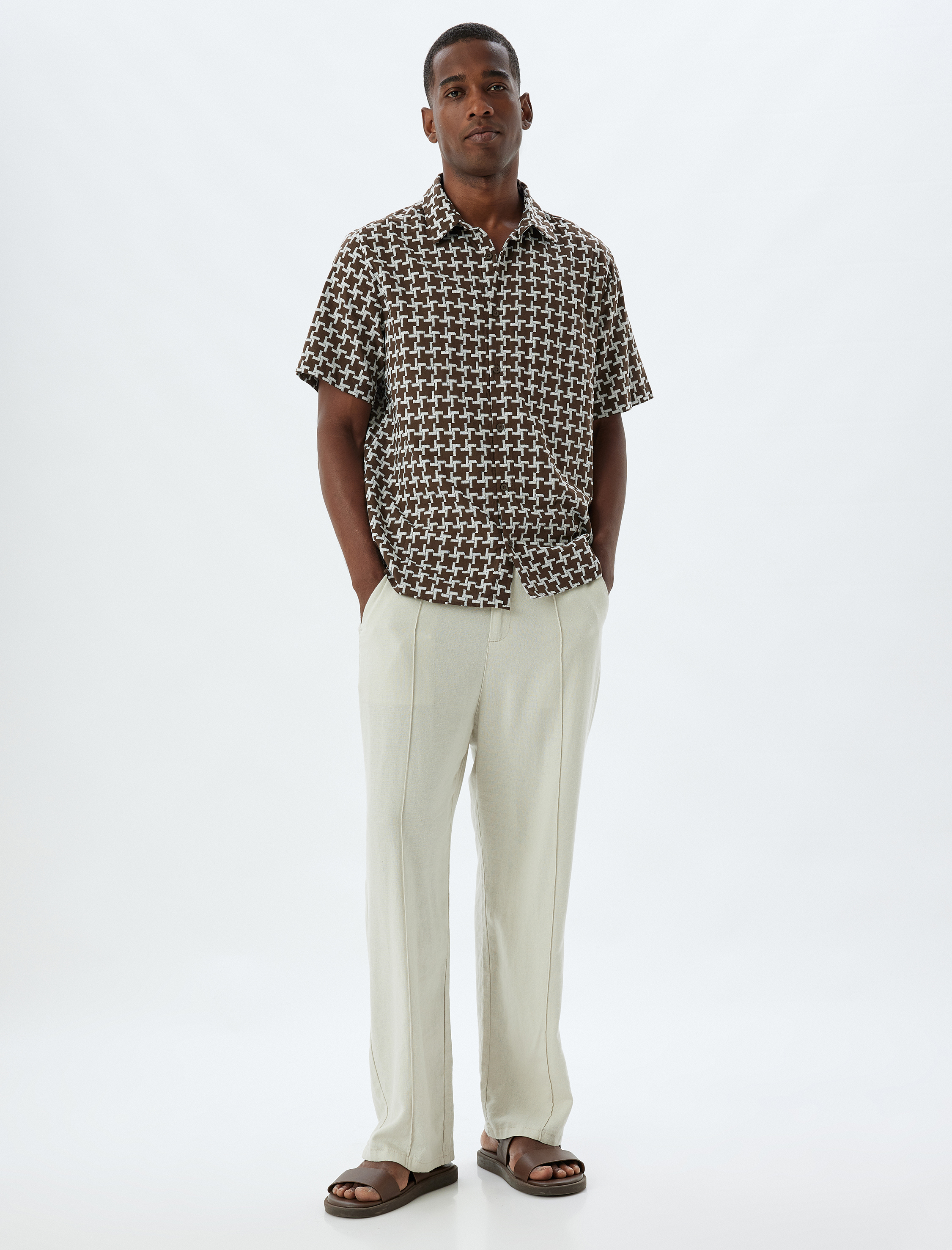   Kısa Kollu Gömlek Geometrik Desenli Pamuklu Regular Fit