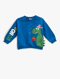 Yılbaşı Temalı Dinozor Baskılı Sweatshirt Bisiklet Yaka Uzun Kollu