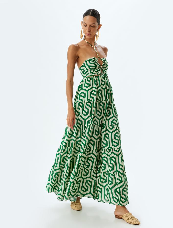  Uzun Halter Yaka Yazlık Elbise Astarsız Pencere Detaylı Geometrik Desenli Pamuklu