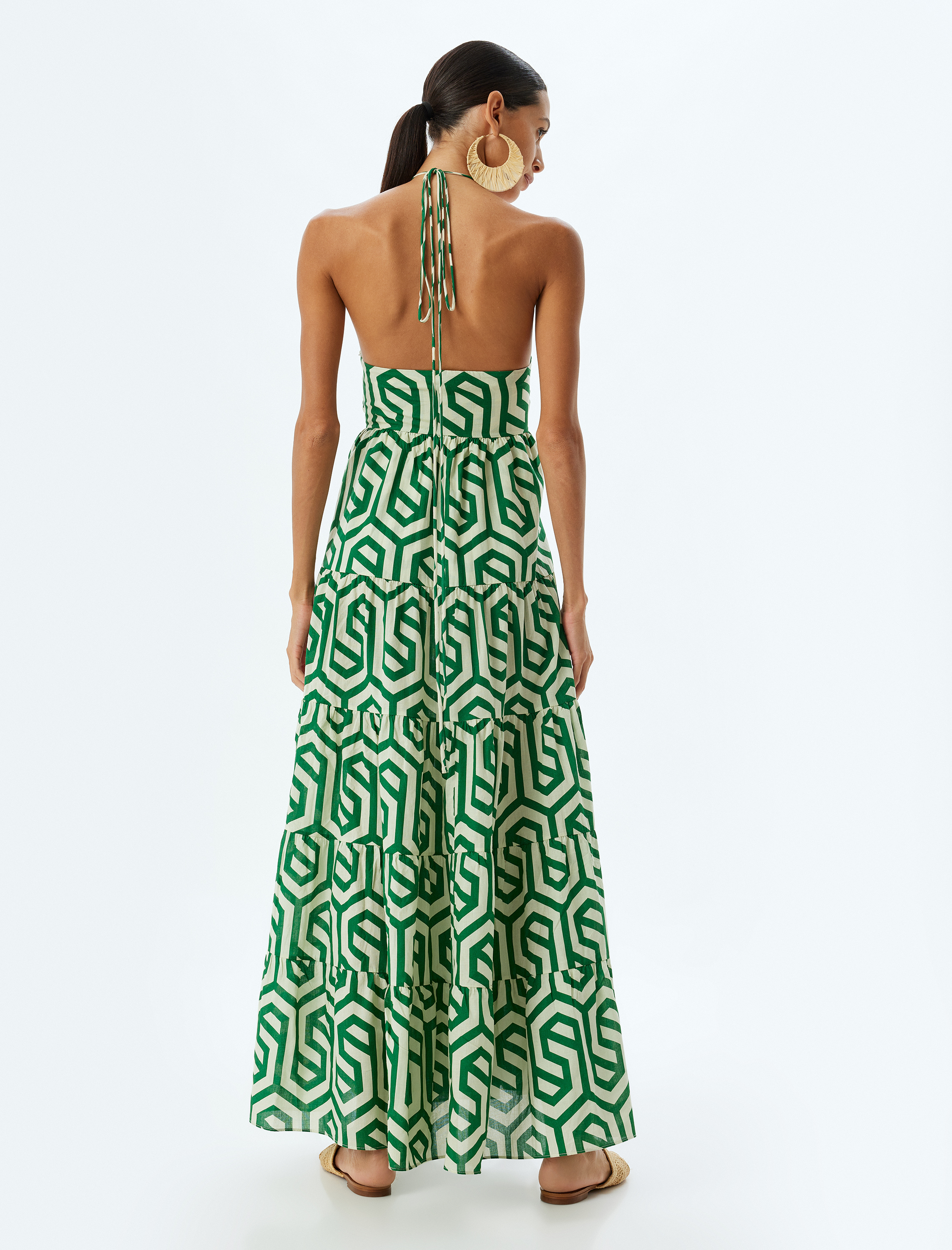   Uzun Halter Yaka Yazlık Elbise Astarsız Pencere Detaylı Geometrik Desenli Pamuklu