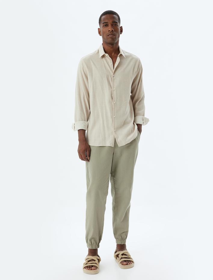  Jogger Pantolon Keten Karışımlı Beli Bağcıklı Cep Detaylı