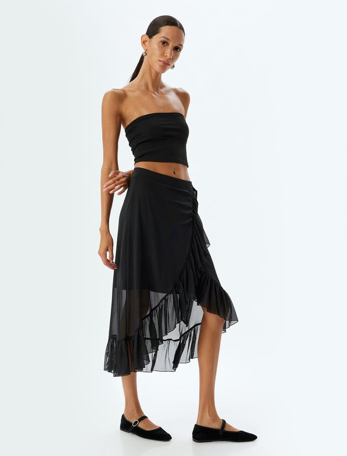 Asimetrik Tül Midi Boy Fırfırlı Etek