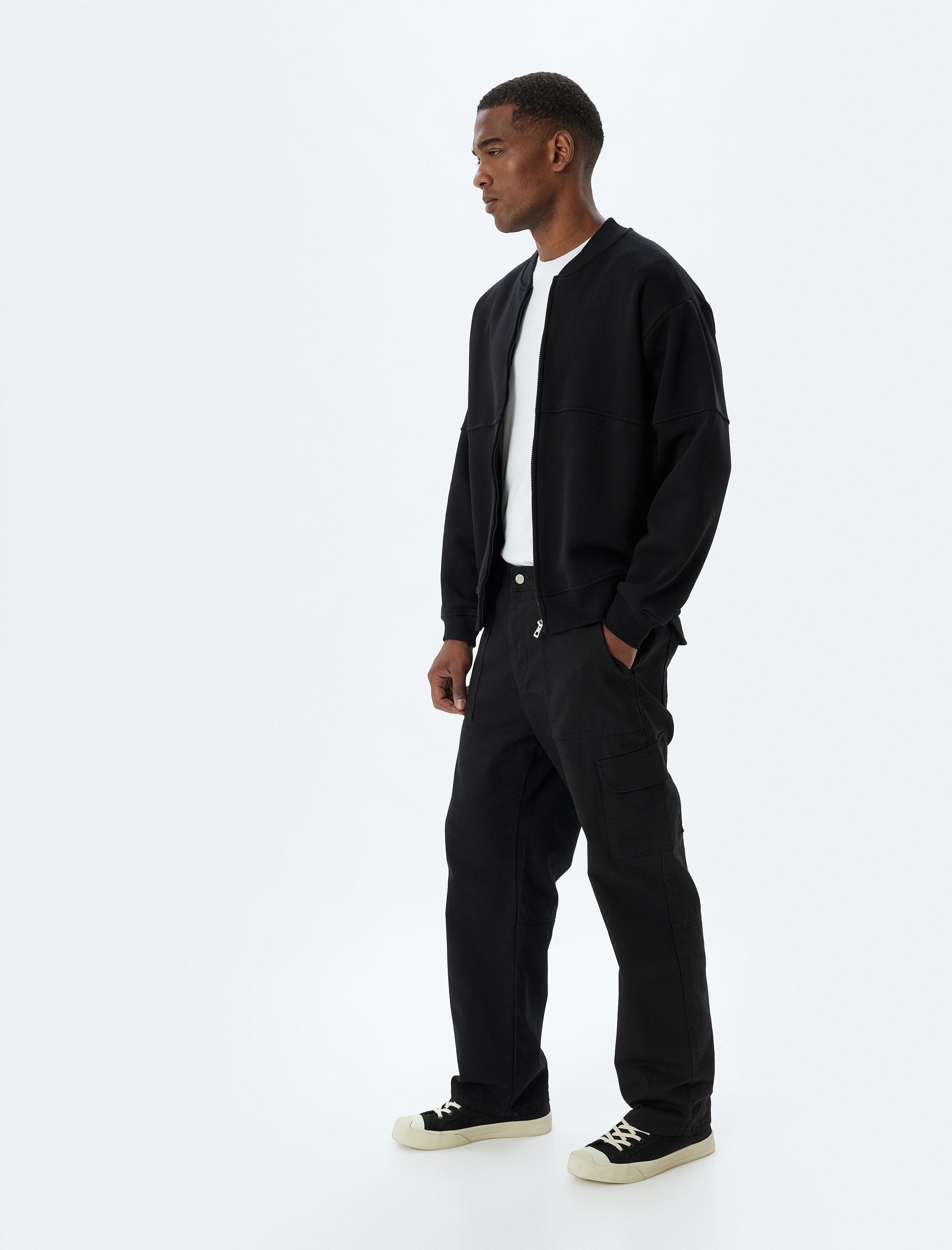   Oversize Hırka Fermuarlı Basic Dikiş Detaylı Şardonlu Pamuk Karışımlı