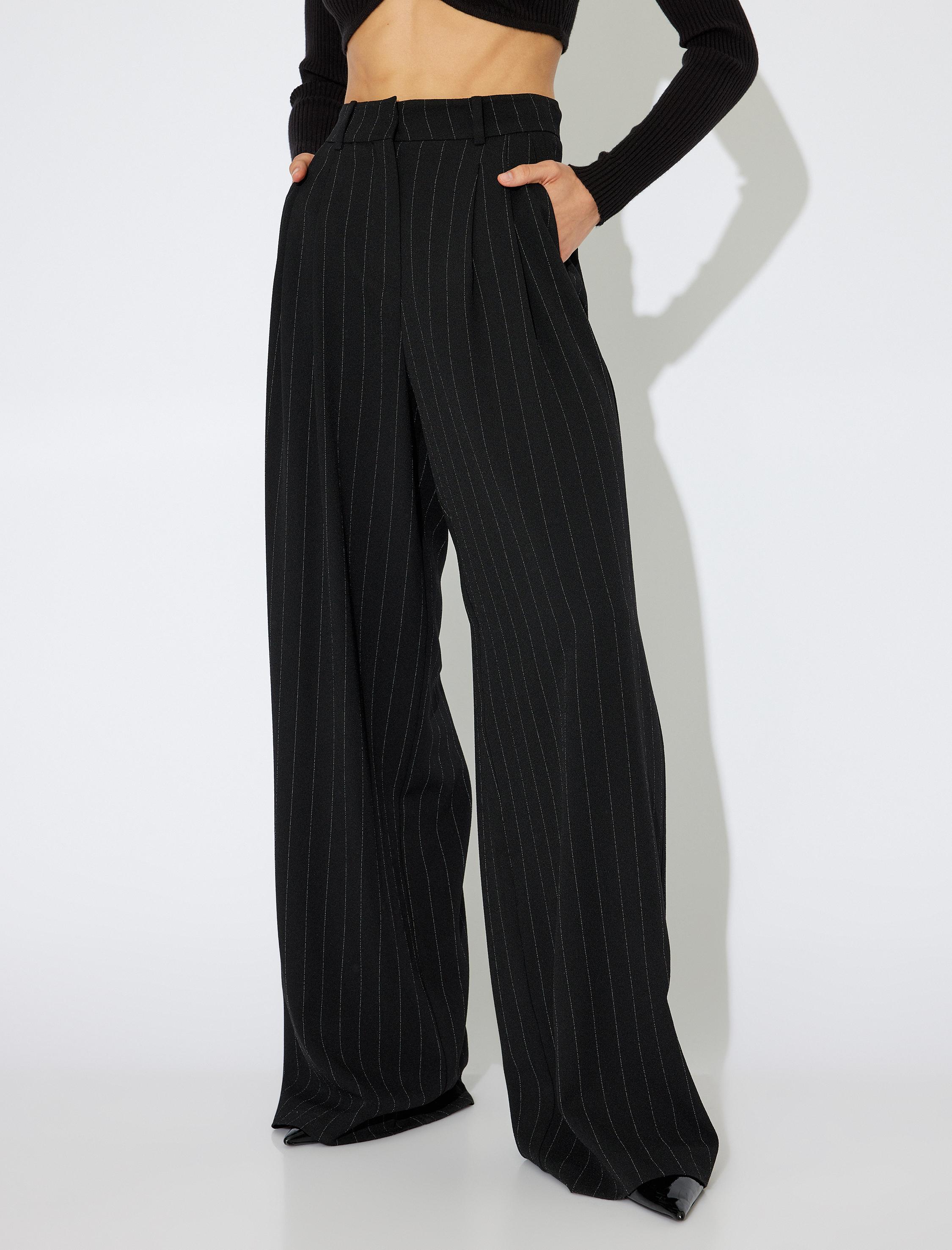   Pile Detaylı Yüksek Bel Cepli Palazzo Pantolon