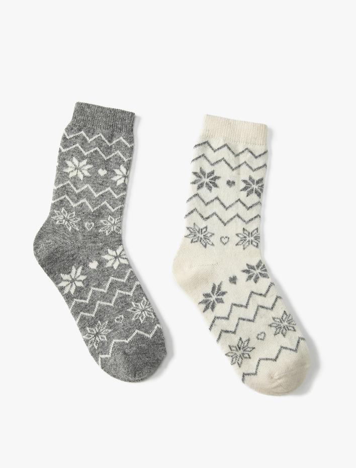 Kadın 2'li Kalın Soket Çorap Seti Desenli Çok Renkli