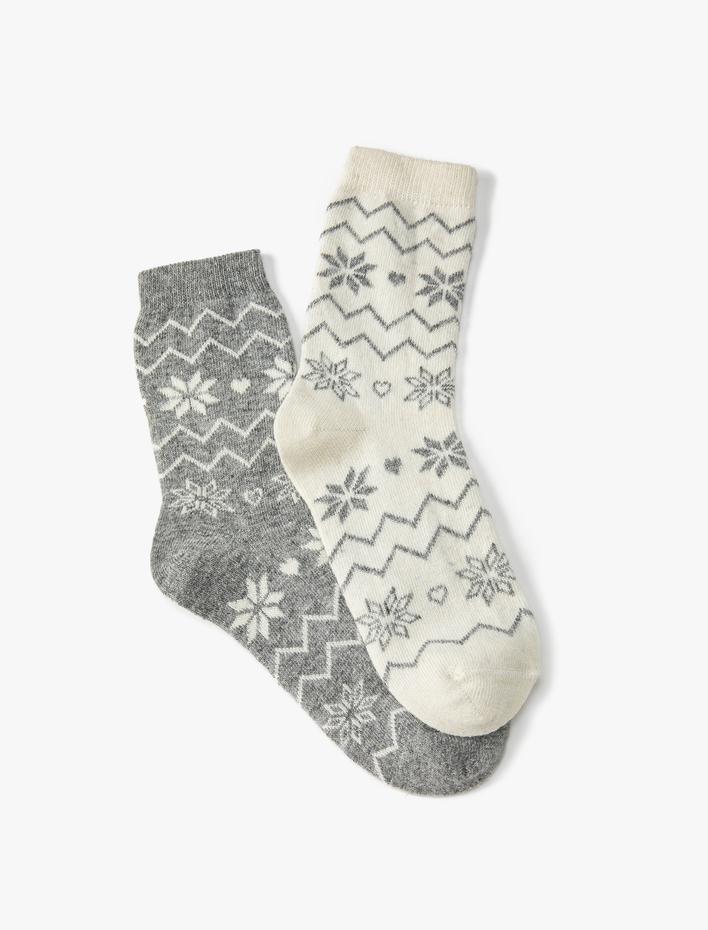 Kadın 2'li Kalın Soket Çorap Seti Desenli Çok Renkli