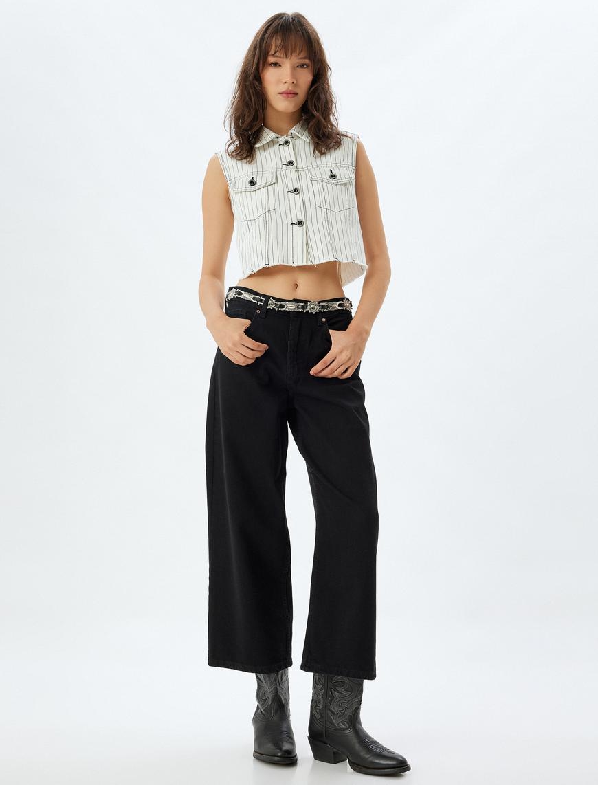   Geniş Paça Crop Kot Pantolon Düğmeli Rahat Kalıp Standart Bel - Wide Crop Leg Jean