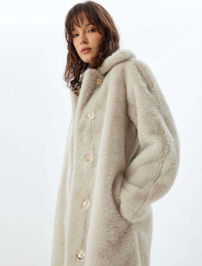  Uzun Peluş Kaban Çıt Çıt Düğmeli Cepli