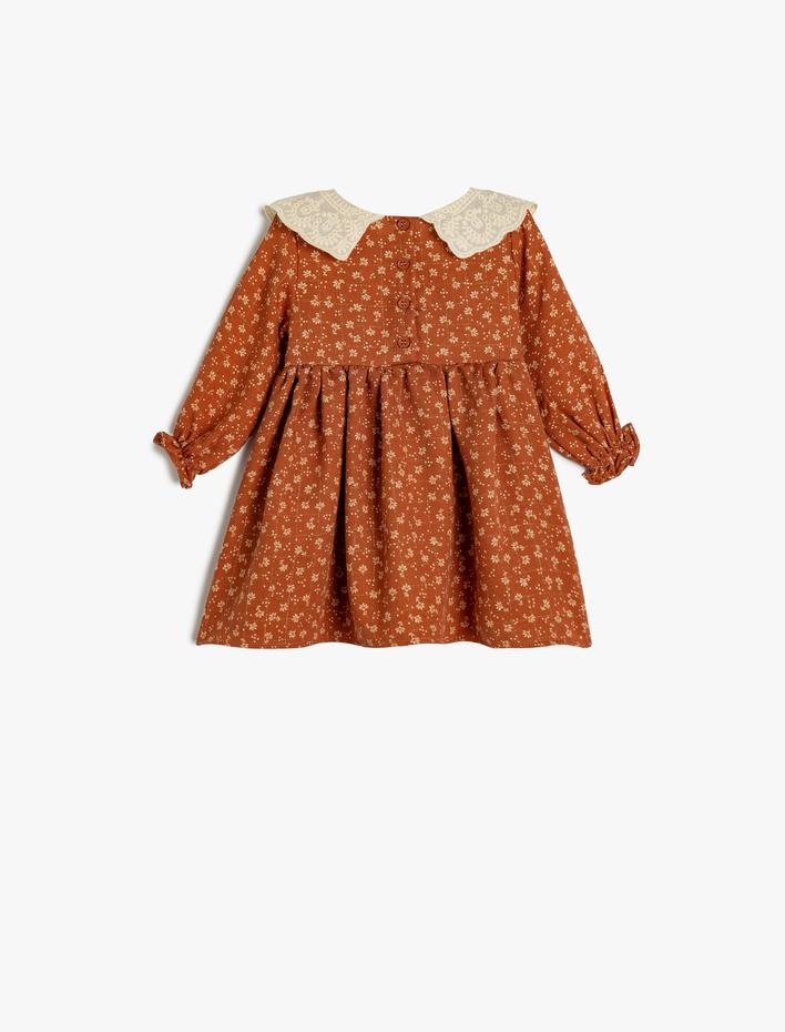 Kız Bebek Çiçekli Elbise Bebe Yaka Balon Kollu Dantel Detaylı Viskon Karışımlı