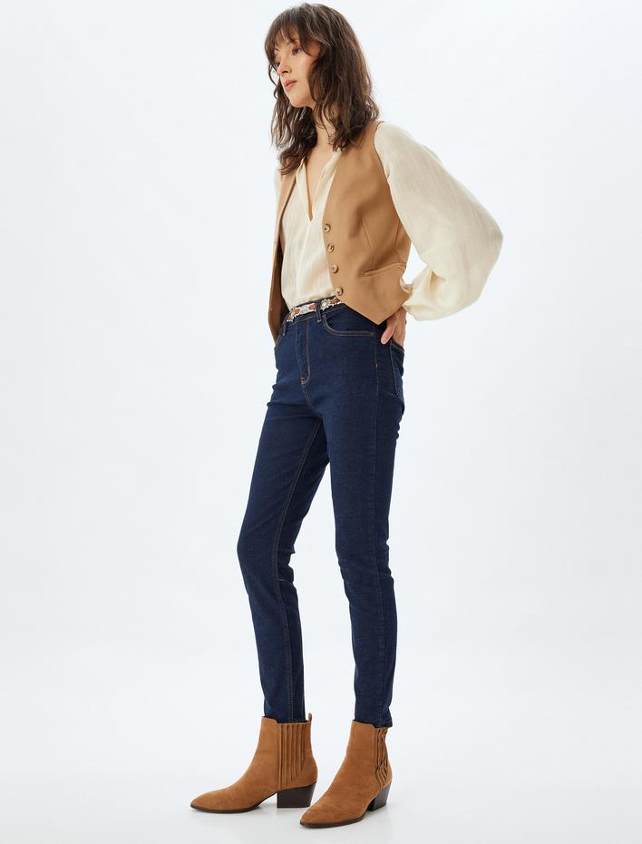  Yüksek Bel Kot Pantolon Düğmeli Dar Kalıp - Skinny Push Up Fit Jean