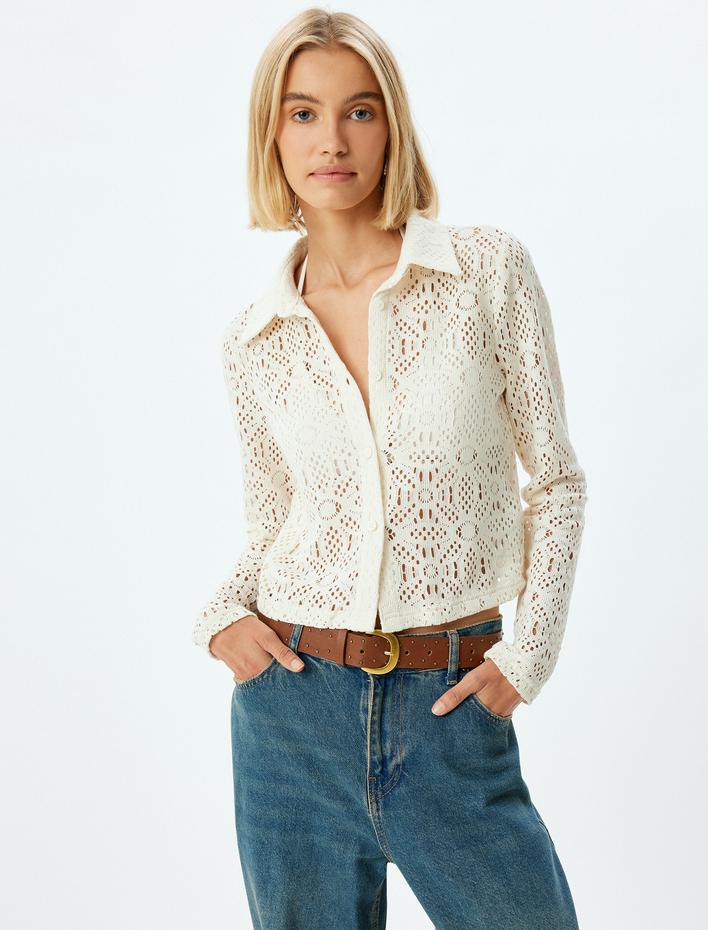  Crop Kroşe Gömlek Ajurlu Uzun Kollu Slim Fit