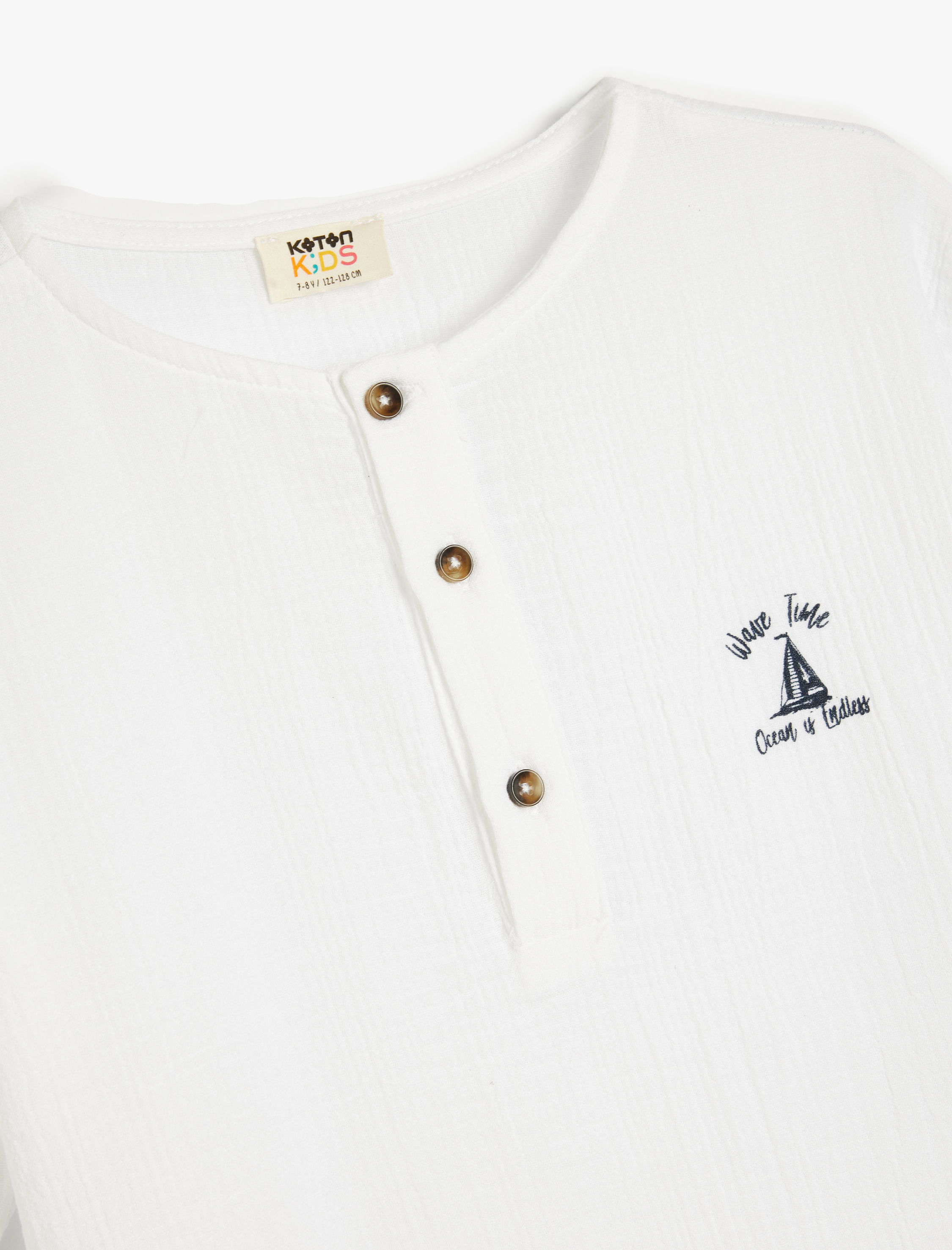  Erkek Çocuk Müslin Tişört Kısa Kollu Yuvarlak Yaka Düğme Detaylı Pamuklu