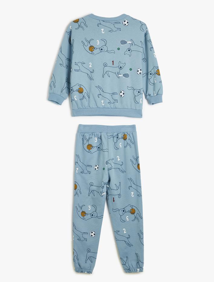 Erkek Bebek Şardonlu Eşofman Takımı Uzun Kollu Pamuklu Sweatshirt ve Köpek Baskılı Eşofman Altı