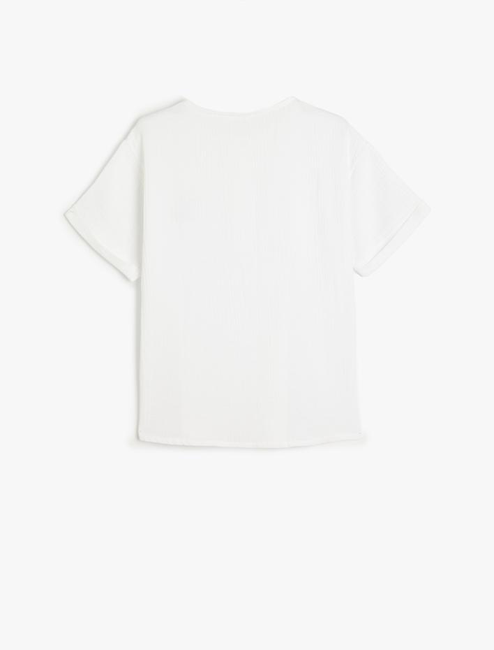 Erkek Çocuk Müslin Tişört Kısa Kollu Yuvarlak Yaka Düğme Detaylı Pamuklu