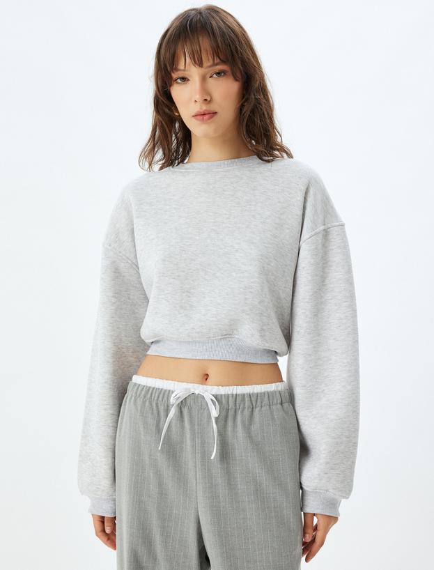 Basic Crop Sweatshirt Bisiklet Yaka Üç İplik Şardonlu_2