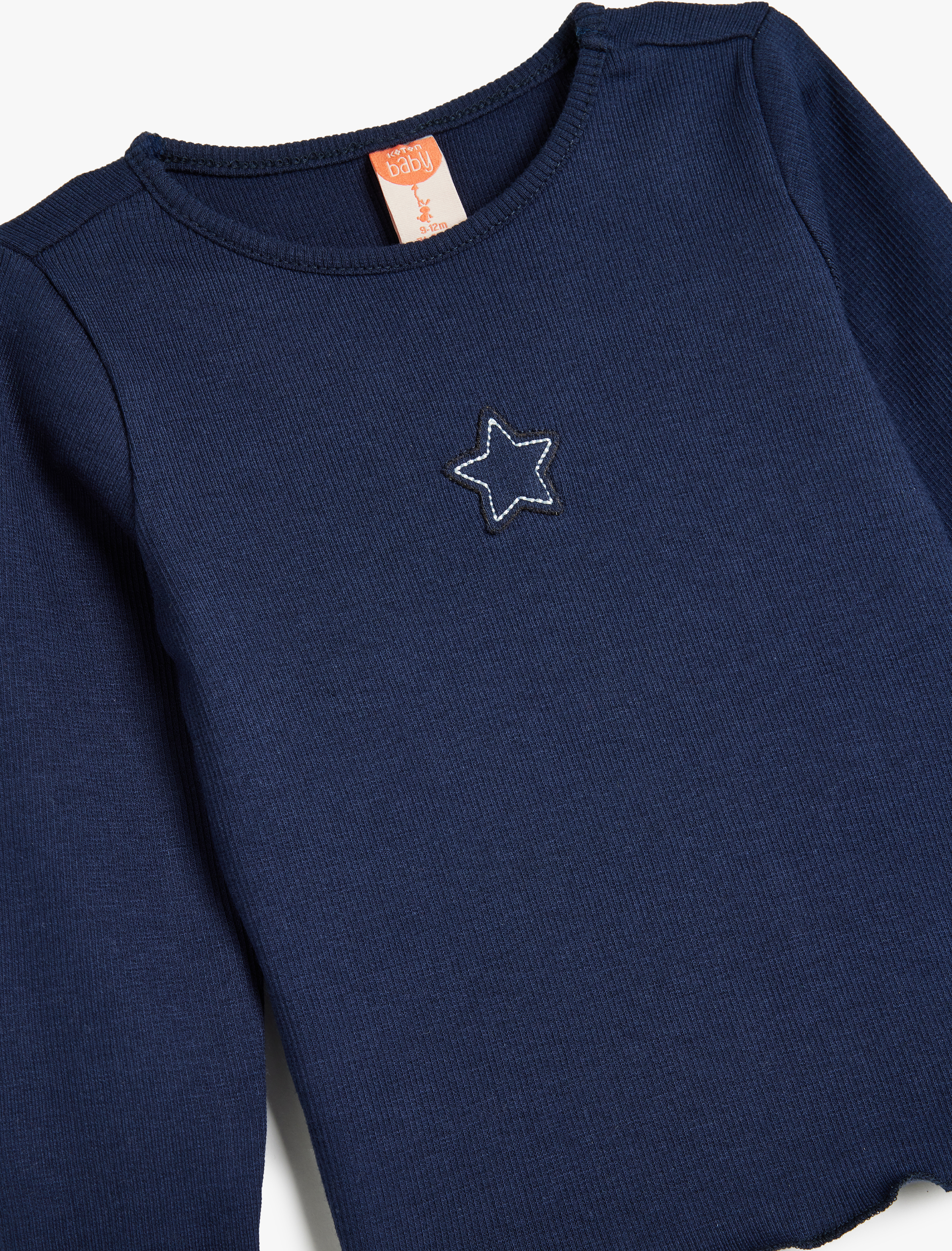 Kız Bebek Yıldız İşlemeli Tişört Ribanalı Uzun Kollu Bisiklet Yaka Pamuklu