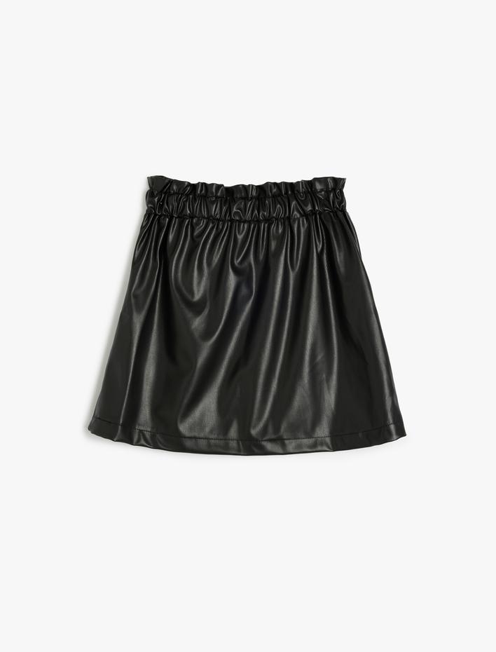 Kız Çocuk Suni Deri Etek Beli Lastikli Düğmeli