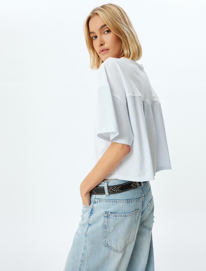  Çizgili Bisiklet Yaka Kısa Kollu Pamuk Tişört