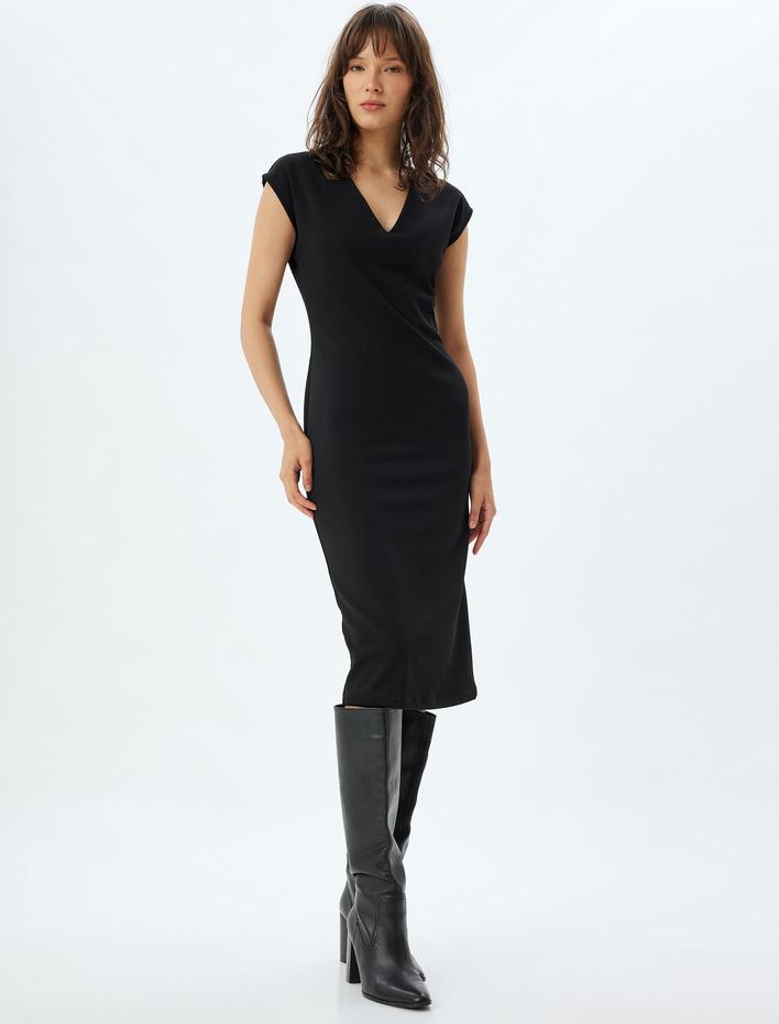  V Yaka Kolsuz Krep Scuba Kumaş Slim Fit Midi Boy Kalem Elbise