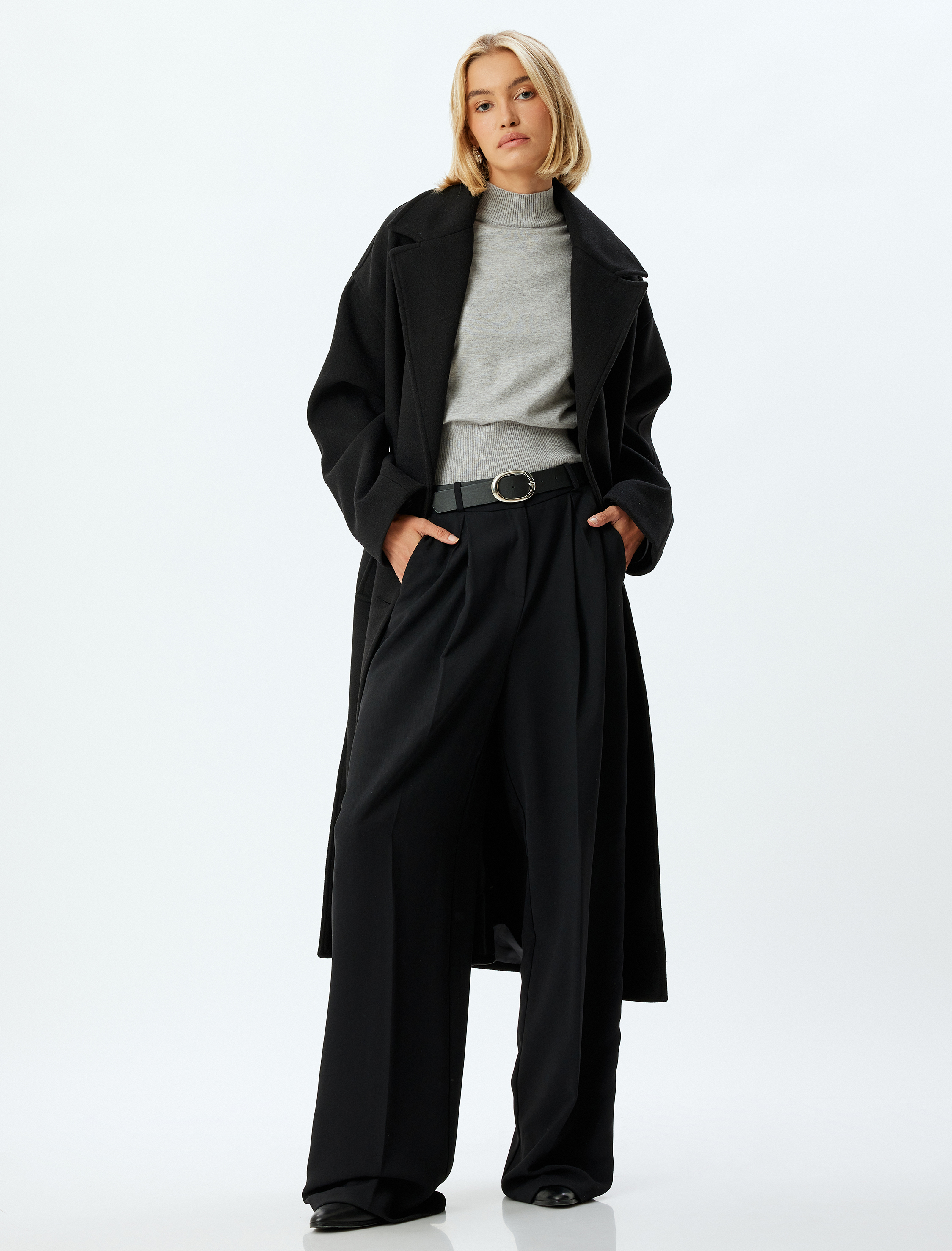   Ekstra Uzun Kaşe Kaban Kruvaze Cepli Kemer Detaylı