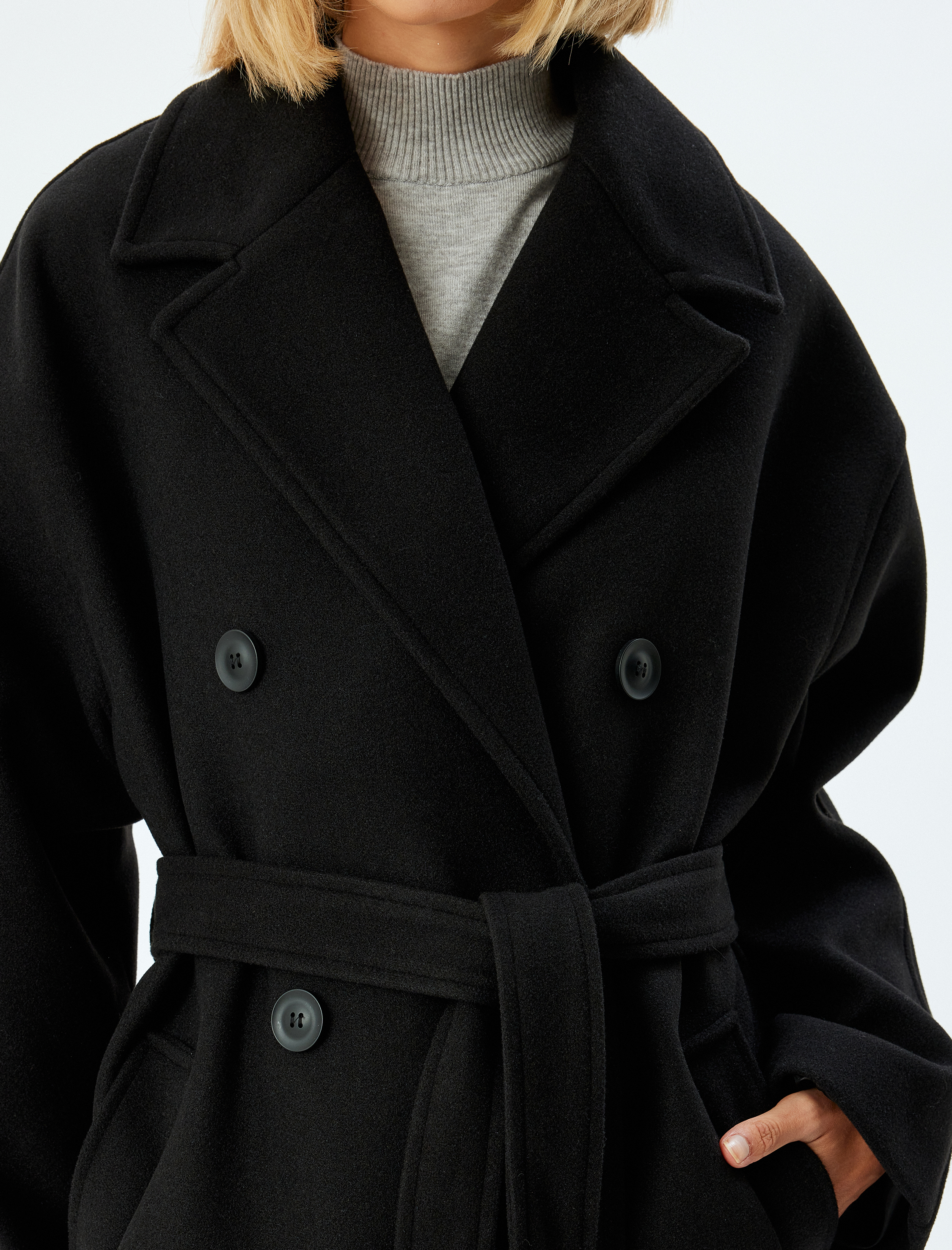   Ekstra Uzun Kaşe Kaban Kruvaze Cepli Kemer Detaylı