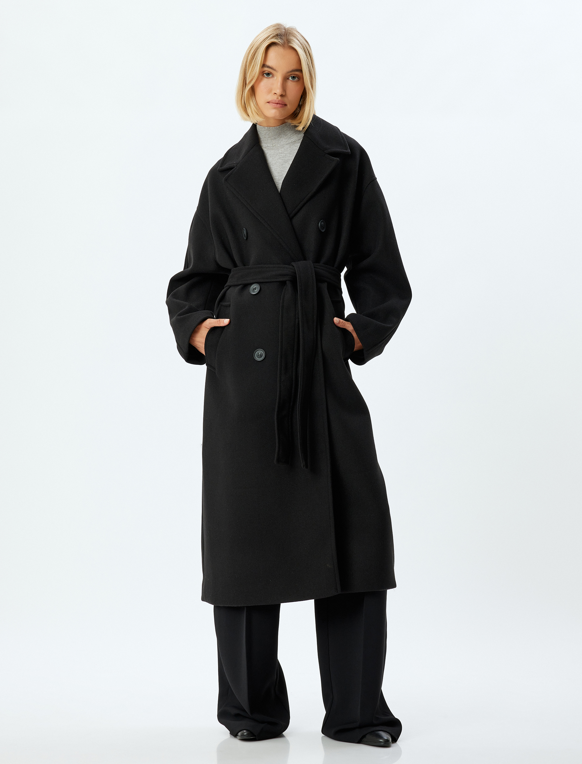   Ekstra Uzun Kaşe Kaban Kruvaze Cepli Kemer Detaylı