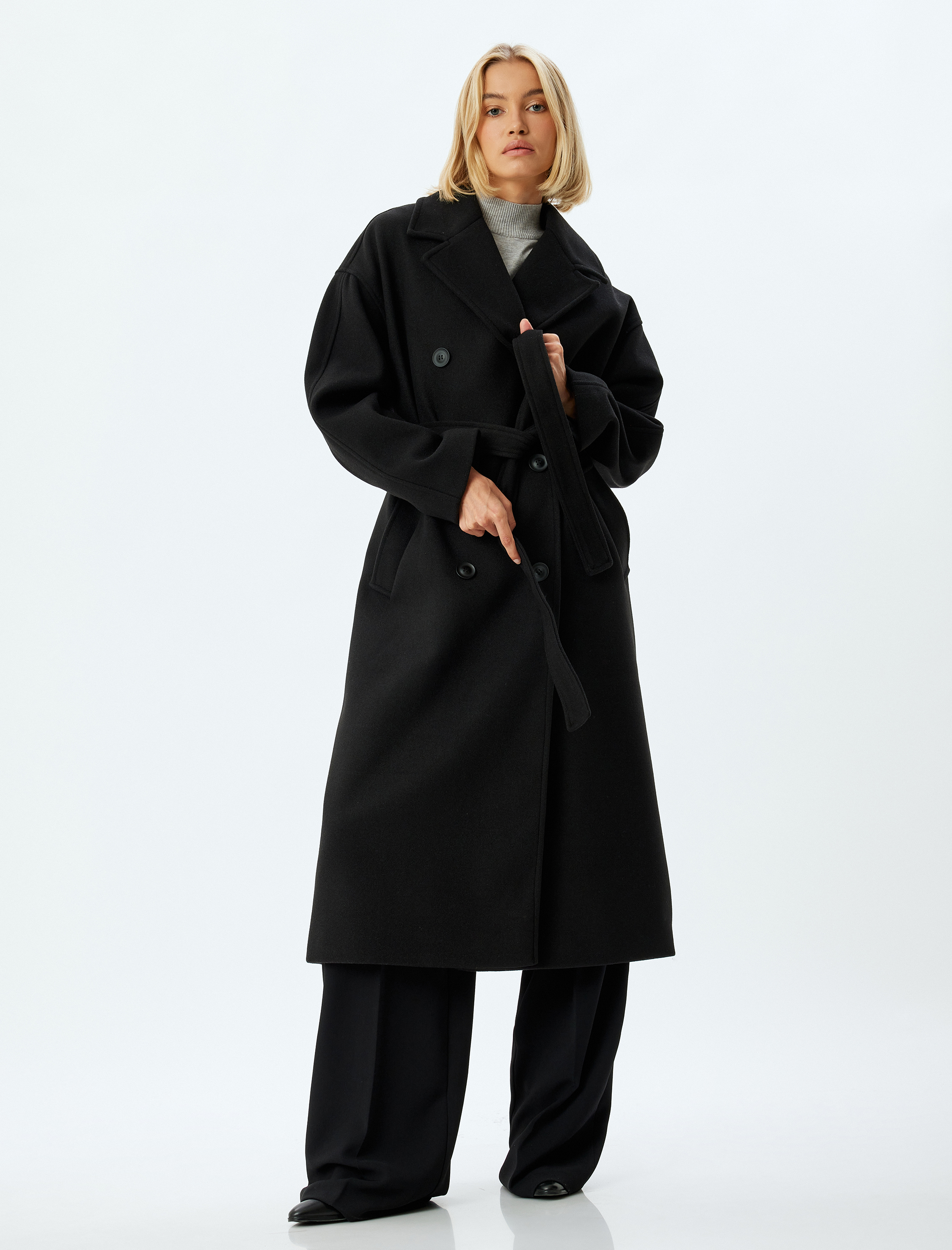   Ekstra Uzun Kaşe Kaban Kruvaze Cepli Kemer Detaylı