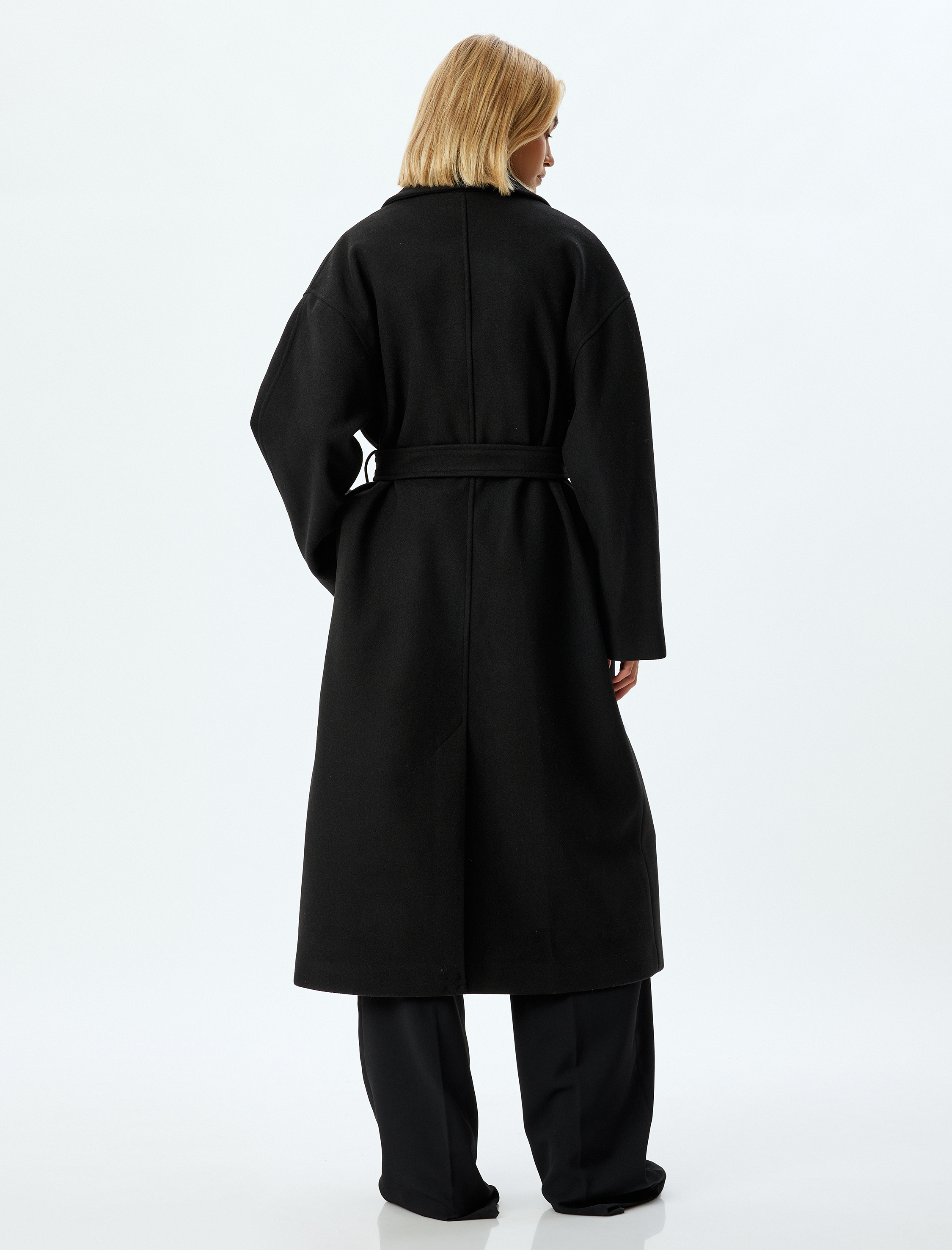   Ekstra Uzun Kaşe Kaban Kruvaze Cepli Kemer Detaylı