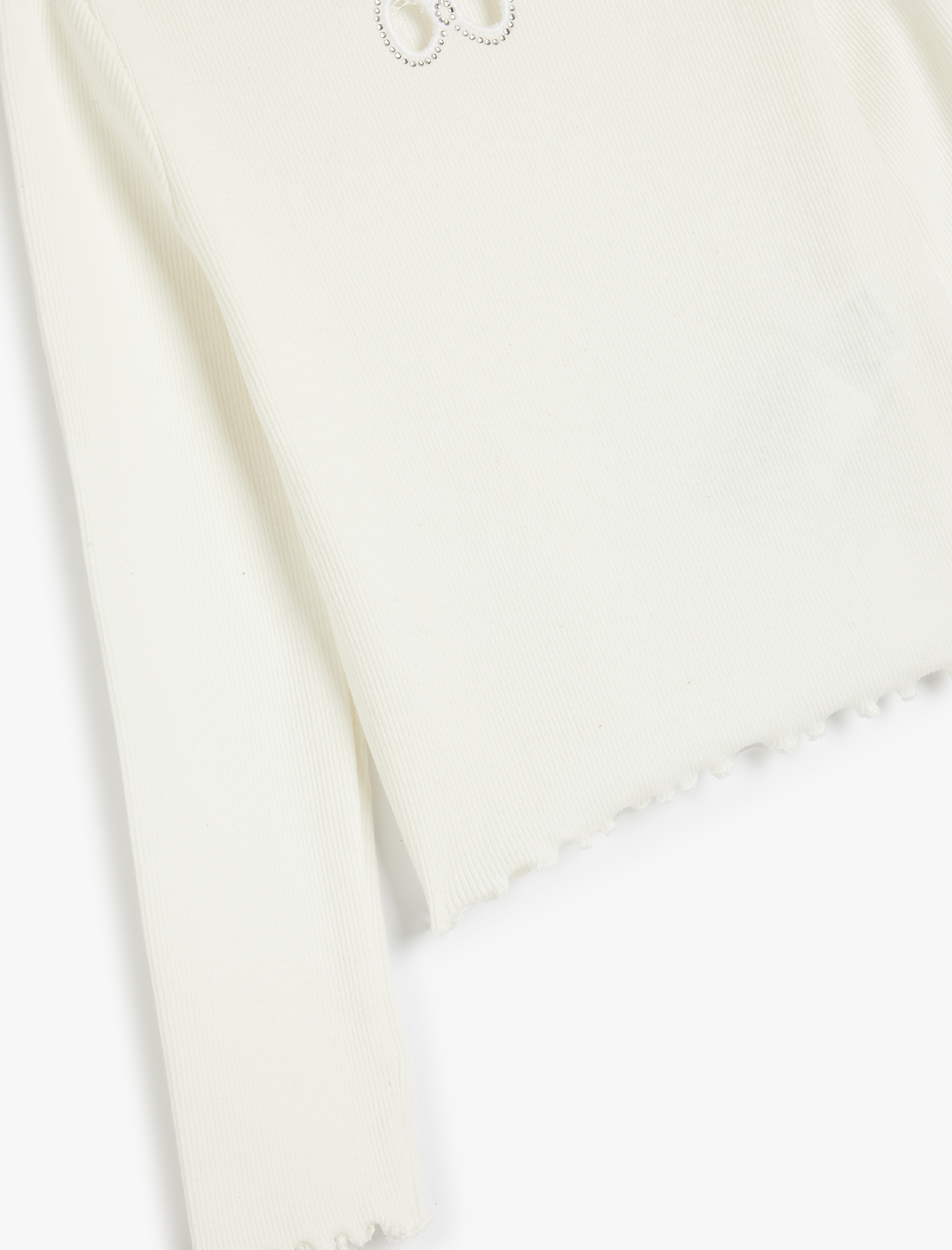  Kız Çocuk Fitilli Tişört Fiyonk Pencere Detaylı Taşlı Uzun Kollu Bisiklet Yaka Pamuklu