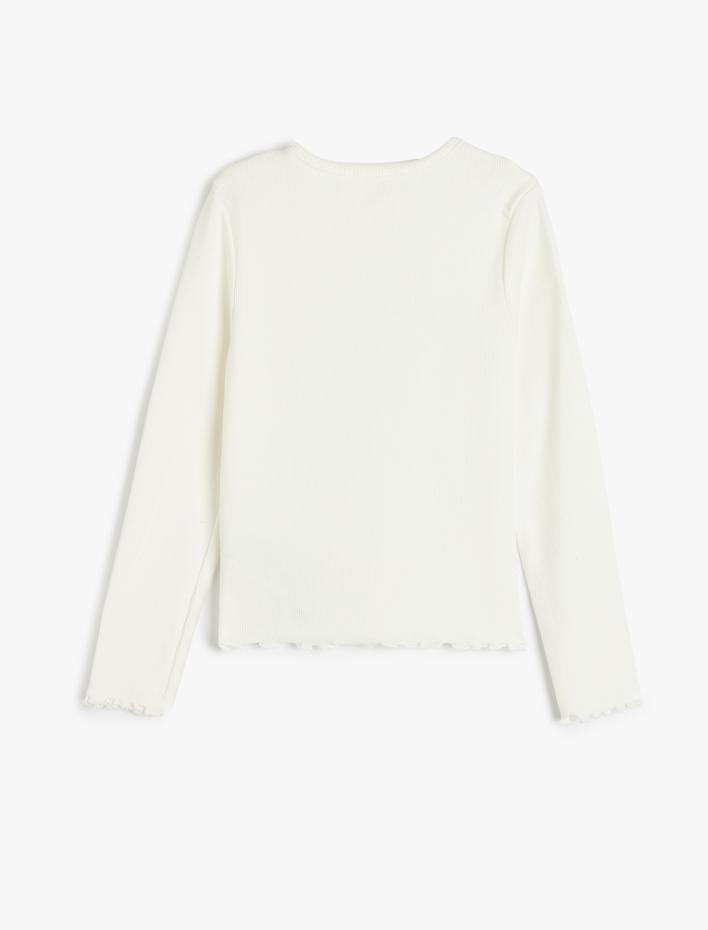 Kız Çocuk Uzun Kollu Fitilli Tişört Fiyonk Baskılı Bisiklet Yaka Pamuklu Slim Fit