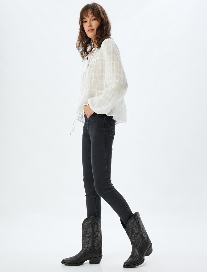  Yüksek Bel Kot Pantolon Düğmeli Dar Kalıp - Skinny Fit Jean