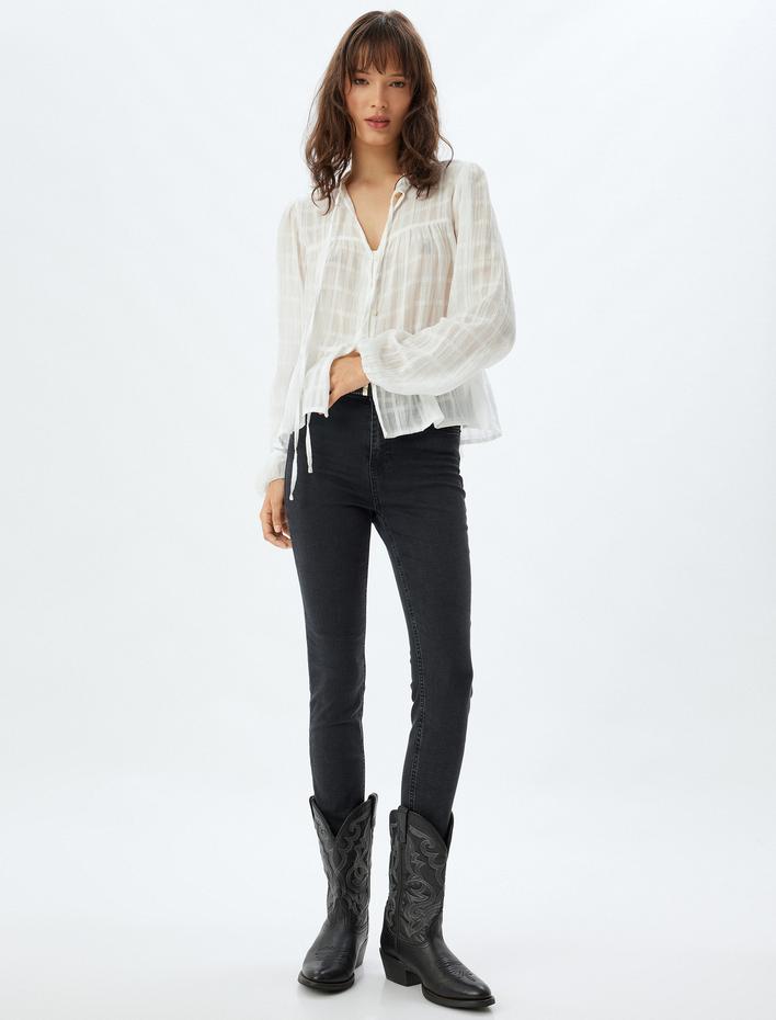  Yüksek Bel Kot Pantolon Düğmeli Dar Kalıp - Skinny Fit Jean