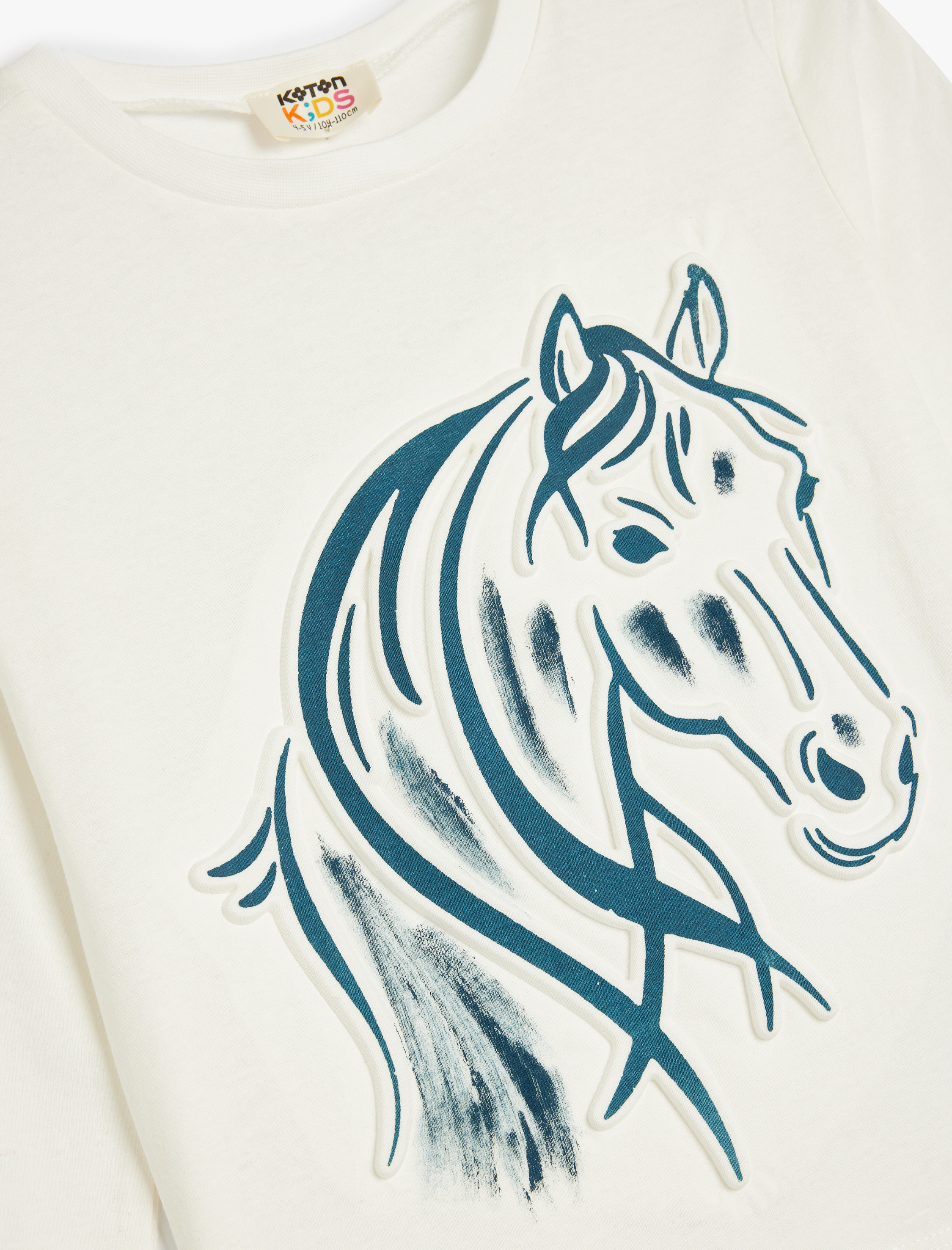 Kız Çocuk Kabartma At Baskılı Tişört Uzun Kollu Bisiklet Yaka Pamuklu