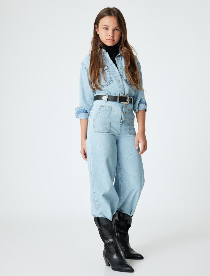 Kız Çocuk Bol Paça Kot Pantolon Cepli Pamuklu  - Wide Leg Jeans