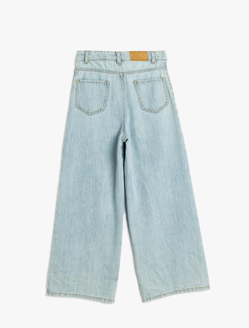  Kız Çocuk Bol Paça Kot Pantolon Cepli Pamuklu  - Wide Leg Jeans